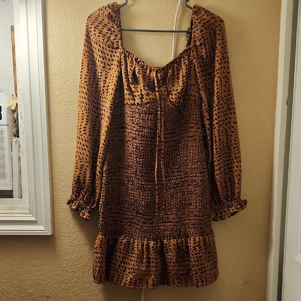 Express Brown Patterned Long Sleeve Dress